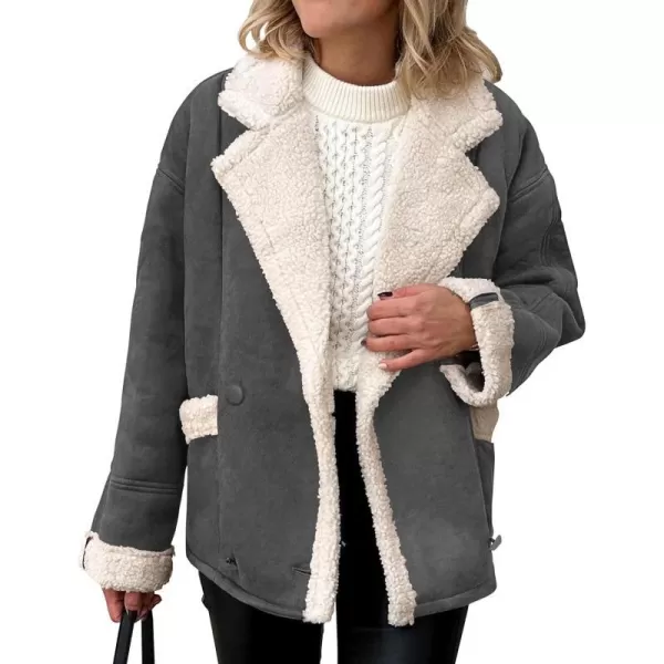 imagePRETTYGARDEN Womens 2023 Winter Suede Coats Fleece Sherpa Lined Jacket Faux Fur Lapel Pockets Warm Fall Fashion OuterwearGrey