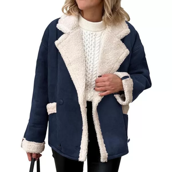 imagePRETTYGARDEN Womens 2023 Winter Suede Coats Fleece Sherpa Lined Jacket Faux Fur Lapel Pockets Warm Fall Fashion OuterwearNavy