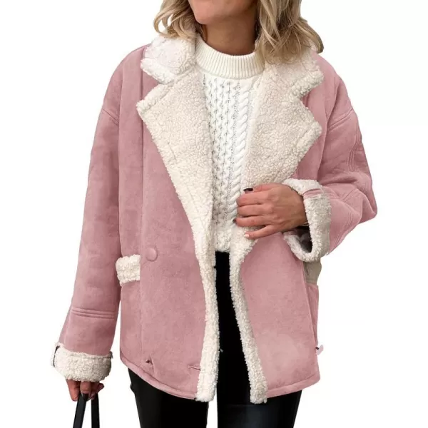 imagePRETTYGARDEN Womens 2023 Winter Suede Coats Fleece Sherpa Lined Jacket Faux Fur Lapel Pockets Warm Fall Fashion OuterwearPink