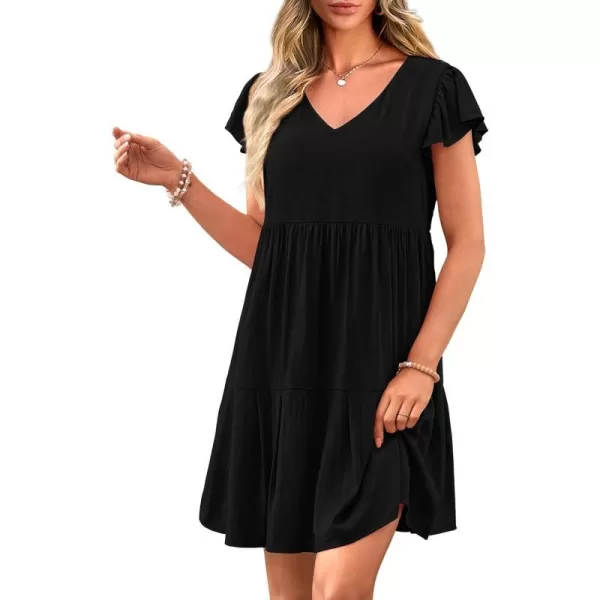 imagePRETTYGARDEN Womens 2024 Summer Casual Short Dress Cap Sleeve V Neck Tiered Ruffle Swing A Line DressesBlack