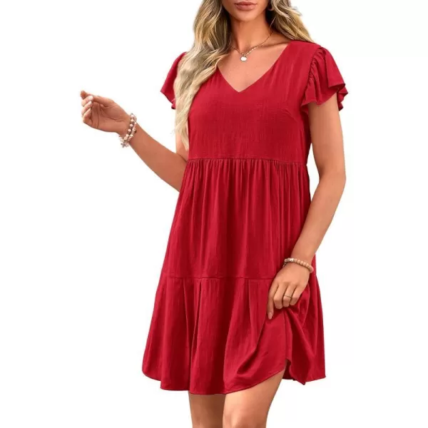 imagePRETTYGARDEN Womens 2024 Summer Casual Short Dress Cap Sleeve V Neck Tiered Ruffle Swing A Line DressesRed