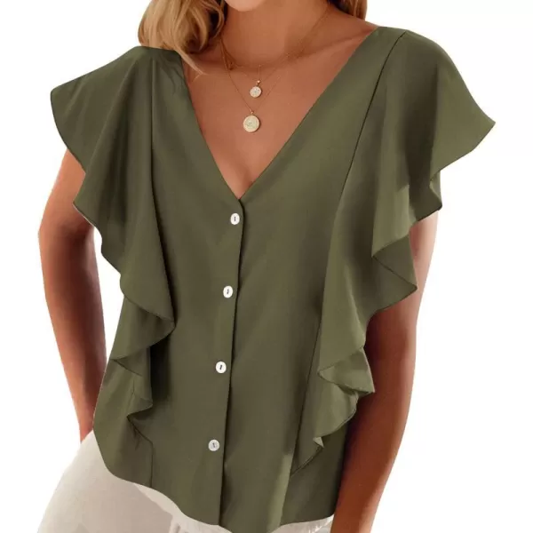 imagePRETTYGARDEN Womens 2024 Summer Cute Tops Ruffle Cap Sleeve V Neck Loose Fit Blouses Dressy Casual Fashion Ladies ShirtsArmy Green