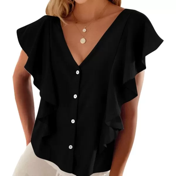 imagePRETTYGARDEN Womens 2024 Summer Cute Tops Ruffle Cap Sleeve V Neck Loose Fit Blouses Dressy Casual Fashion Ladies ShirtsBlack