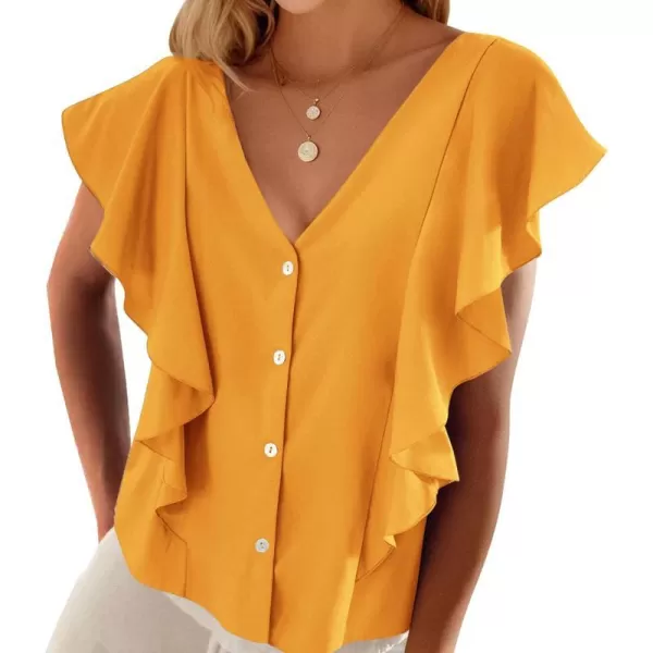 imagePRETTYGARDEN Womens 2024 Summer Cute Tops Ruffle Cap Sleeve V Neck Loose Fit Blouses Dressy Casual Fashion Ladies ShirtsYellow