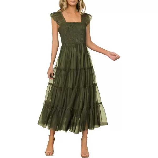 imagePRETTYGARDEN Womens 2024 Summer Midi Dress Casual Sleeveless Smocked Ruffle Tulle Flowy Beach SundressArmy Green