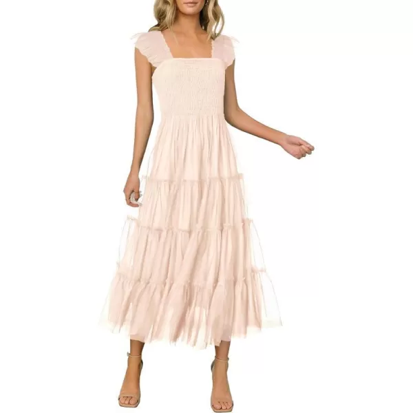 imagePRETTYGARDEN Womens 2024 Summer Midi Dress Casual Sleeveless Smocked Ruffle Tulle Flowy Beach SundressBeige