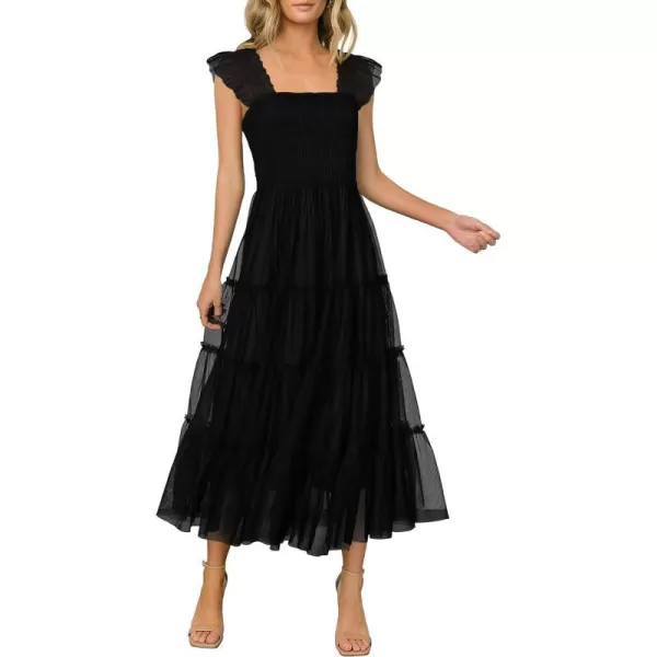 imagePRETTYGARDEN Womens 2024 Summer Midi Dress Casual Sleeveless Smocked Ruffle Tulle Flowy Beach SundressBlack