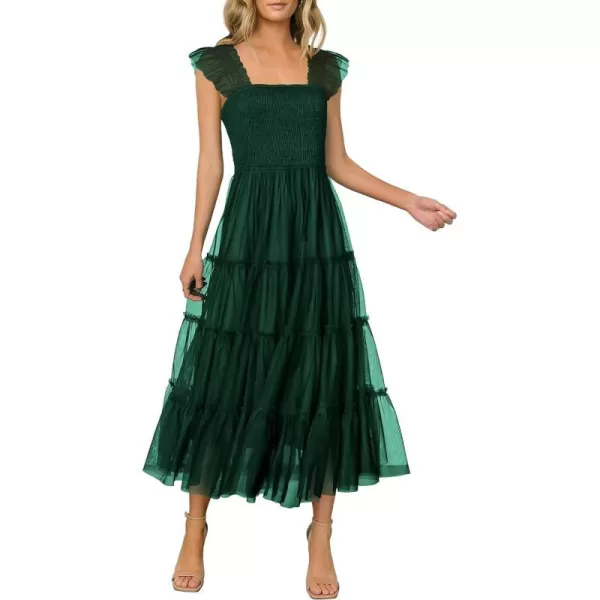 imagePRETTYGARDEN Womens 2024 Summer Midi Dress Casual Sleeveless Smocked Ruffle Tulle Flowy Beach SundressDark Green