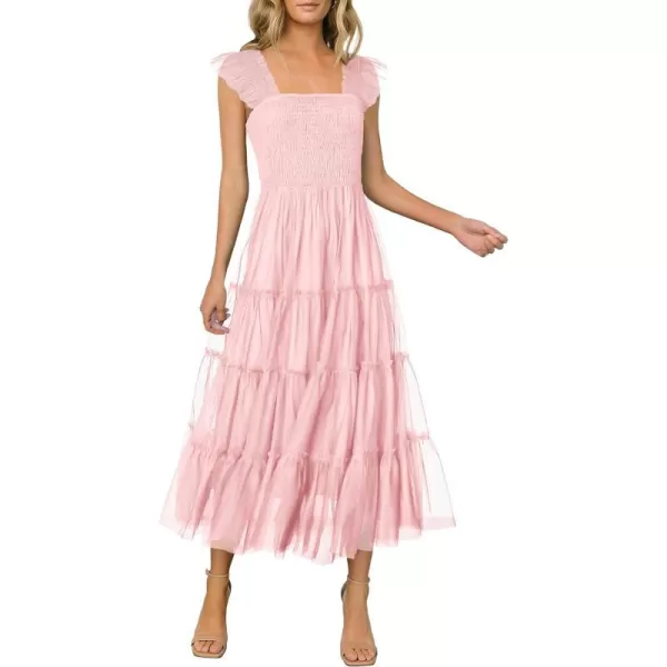 imagePRETTYGARDEN Womens 2024 Summer Midi Dress Casual Sleeveless Smocked Ruffle Tulle Flowy Beach SundressLight Pink