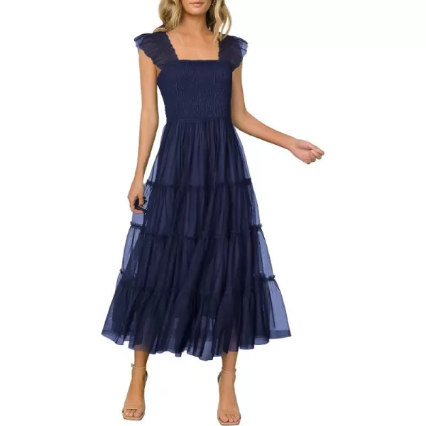 imagePRETTYGARDEN Womens 2024 Summer Midi Dress Casual Sleeveless Smocked Ruffle Tulle Flowy Beach SundressNavy