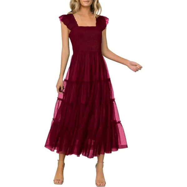 imagePRETTYGARDEN Womens 2024 Summer Midi Dress Casual Sleeveless Smocked Ruffle Tulle Flowy Beach SundressWine Red