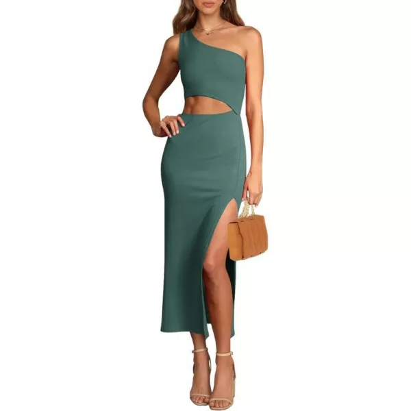 imagePRETTYGARDEN Womens 2024 Summer Midi Dress Sleeveless One Shoulder Cutout Side Slit Bodycon DressesArmy Green