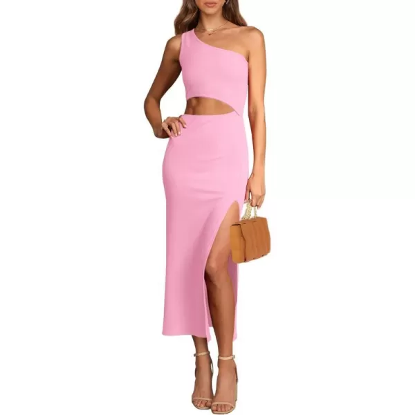 imagePRETTYGARDEN Womens 2024 Summer Midi Dress Sleeveless One Shoulder Cutout Side Slit Bodycon DressesPink