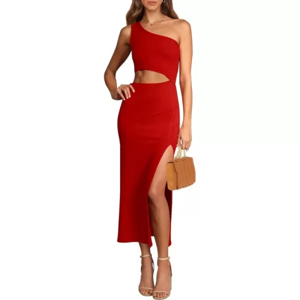 imagePRETTYGARDEN Womens 2024 Summer Midi Dress Sleeveless One Shoulder Cutout Side Slit Bodycon DressesRed
