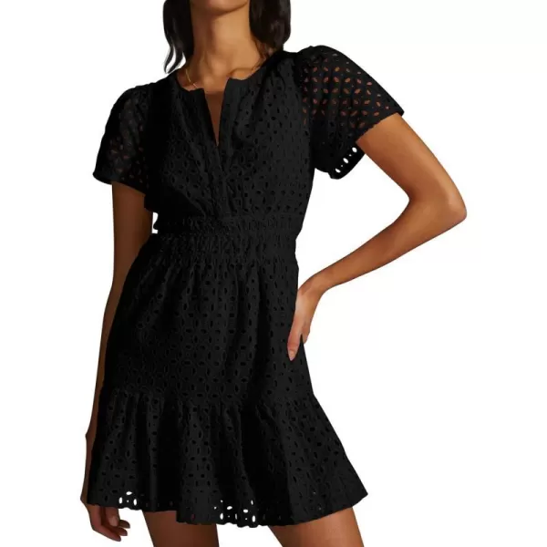 imagePRETTYGARDEN Womens 2024 Summer Mini Dress Short Sleeve V Neck A Line Hollow Out Lace Ruffle Cute Casual Beach Short DressesBlack