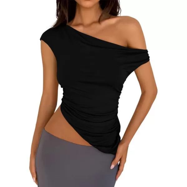 imagePRETTYGARDEN Womens 2024 Summer Off The Shoulder Crop Tops Sleeveless One Shoulder Ruched Asymmetrical Y2K Going Out Tank TopBlack