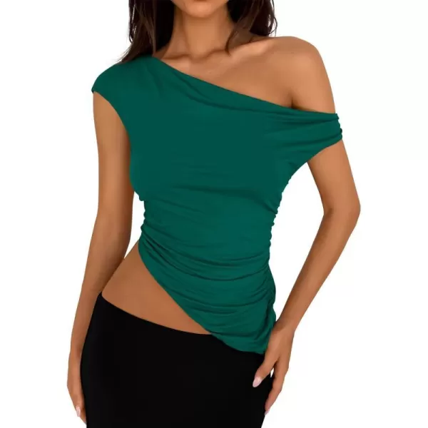 imagePRETTYGARDEN Womens 2024 Summer Off The Shoulder Crop Tops Sleeveless One Shoulder Ruched Asymmetrical Y2K Going Out Tank TopDark Green