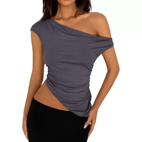 imagePRETTYGARDEN Womens 2024 Summer Off The Shoulder Crop Tops Sleeveless One Shoulder Ruched Asymmetrical Y2K Going Out Tank TopDark Grey