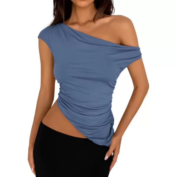 imagePRETTYGARDEN Womens 2024 Summer Off The Shoulder Crop Tops Sleeveless One Shoulder Ruched Asymmetrical Y2K Going Out Tank TopGrey Blue
