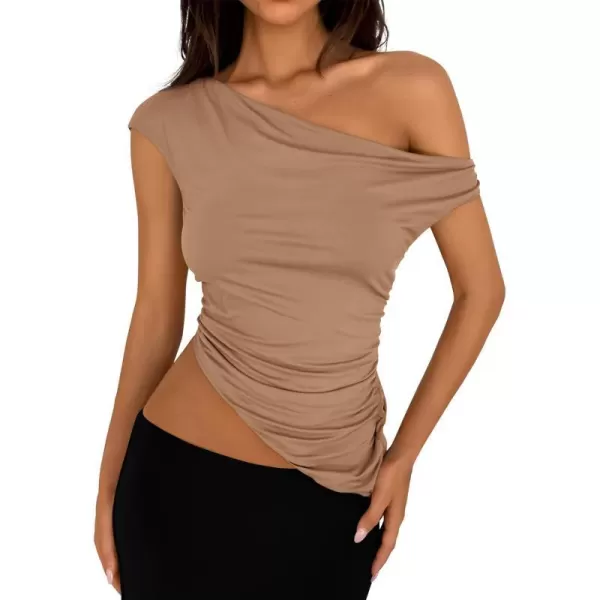 imagePRETTYGARDEN Womens 2024 Summer Off The Shoulder Crop Tops Sleeveless One Shoulder Ruched Asymmetrical Y2K Going Out Tank TopKhaki