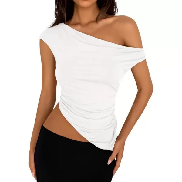 imagePRETTYGARDEN Womens 2024 Summer Off The Shoulder Crop Tops Sleeveless One Shoulder Ruched Asymmetrical Y2K Going Out Tank TopWhite