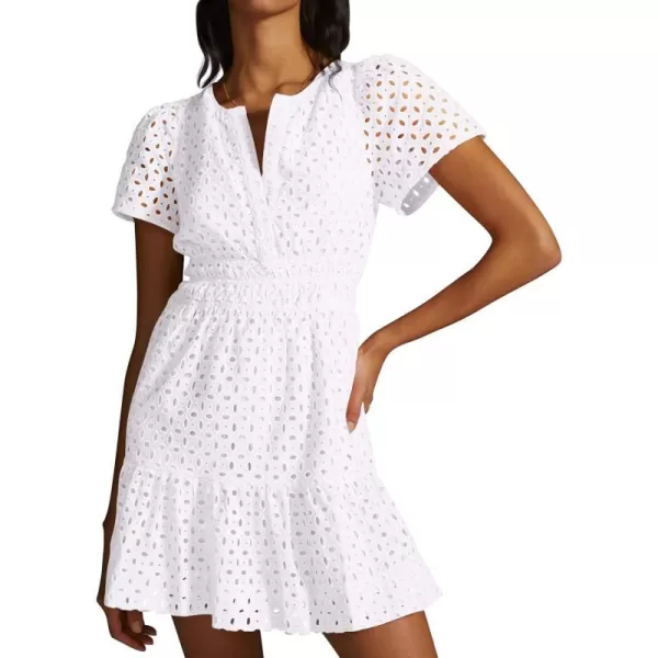 imagePRETTYGARDEN Womens 2024 Summer Short Dress V Neck Short Sleeve A Line Hollow Out Lace Ruffle Cute Casual Beach Party DressesBeige White