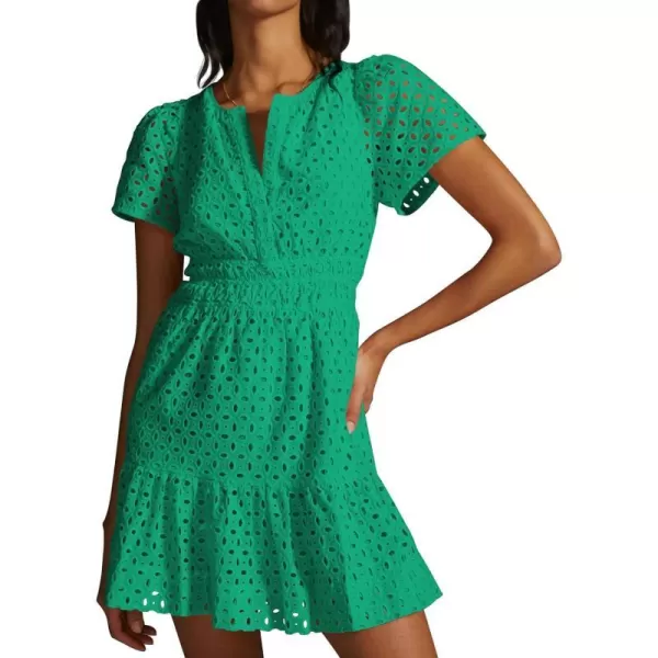 imagePRETTYGARDEN Womens 2024 Summer Short Dress V Neck Short Sleeve A Line Hollow Out Lace Ruffle Cute Casual Beach Party DressesGreen