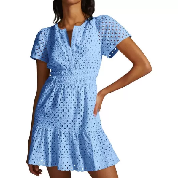imagePRETTYGARDEN Womens 2024 Summer Short Dress V Neck Short Sleeve A Line Hollow Out Lace Ruffle Cute Casual Beach Party DressesLight Blue