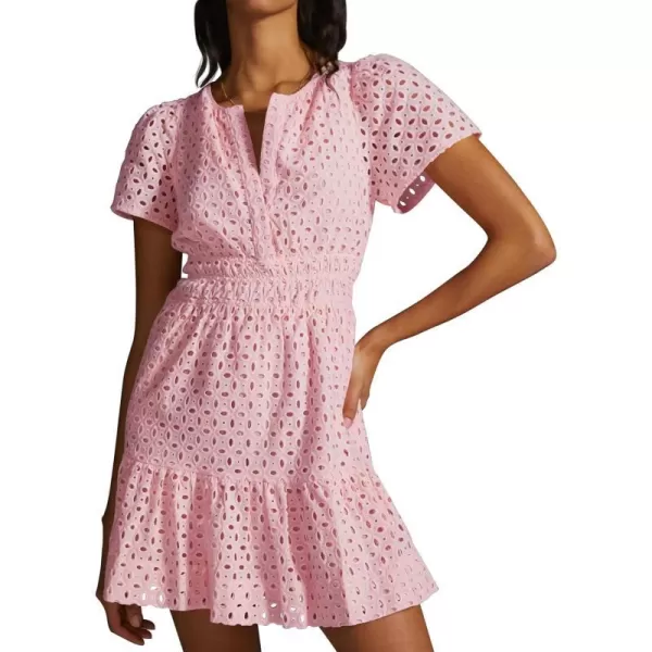 imagePRETTYGARDEN Womens 2024 Summer Short Dress V Neck Short Sleeve A Line Hollow Out Lace Ruffle Cute Casual Beach Party DressesPink
