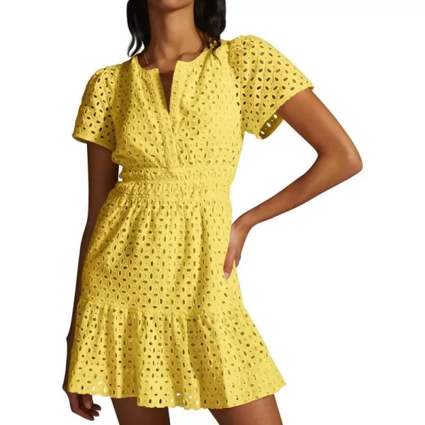 imagePRETTYGARDEN Womens 2024 Summer Short Dress V Neck Short Sleeve A Line Hollow Out Lace Ruffle Cute Casual Beach Party DressesYellow