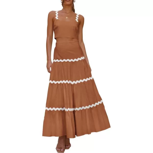 imagePRETTYGARDEN Womens 2024 Summer Two Piece Vacation Beach Outfits Dressy Sleeveless Cropped Tank Tops and Long Maxi Skirt SetsBrown