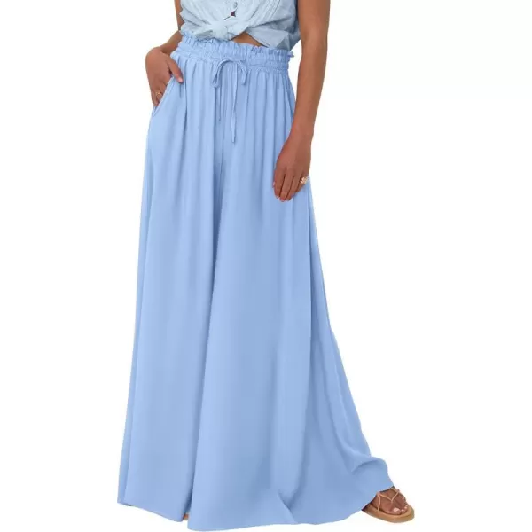 imagePRETTYGARDEN Womens 2024 Summer Wide Leg Palazzo Pants High Waisted Flowy Pockets Trendy Casual Lounge Boho Beach TrousersBlue
