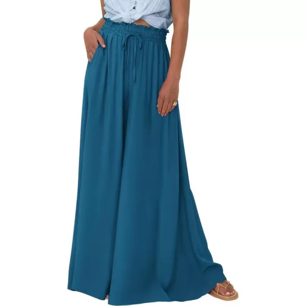 imagePRETTYGARDEN Womens 2024 Summer Wide Leg Palazzo Pants High Waisted Flowy Pockets Trendy Casual Lounge Boho Beach TrousersLake Blue