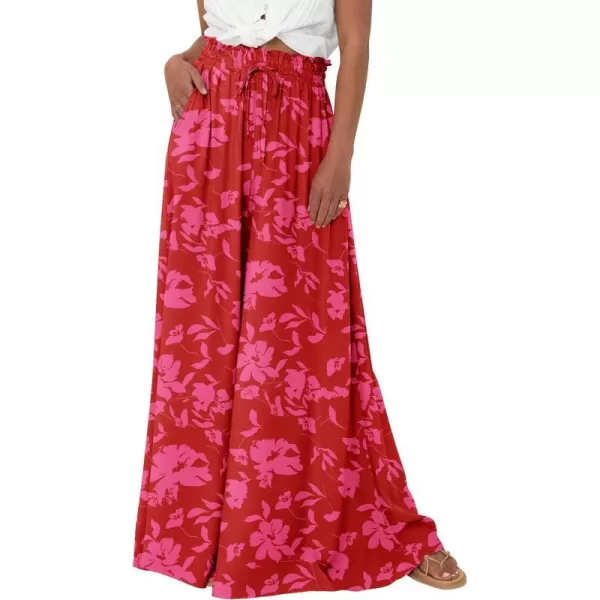 imagePRETTYGARDEN Womens 2024 Summer Wide Leg Palazzo Pants High Waisted Flowy Pockets Trendy Casual Lounge Boho Beach TrousersPrint Red