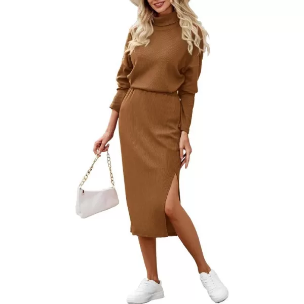 imagePRETTYGARDEN Womens 2024 Winter 2 Piece Tracksuit Long Sleeve Turtleneck Ribbed Top And Midi Skirt Dress SetsBrown