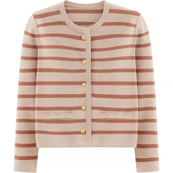 imagePRETTYGARDEN Womens 2024 Winter Cardigan Sweaters Button Down Open Front Long Sleeve Knit Cardigans Shirt Trendy OuterwearStriped Caramel
