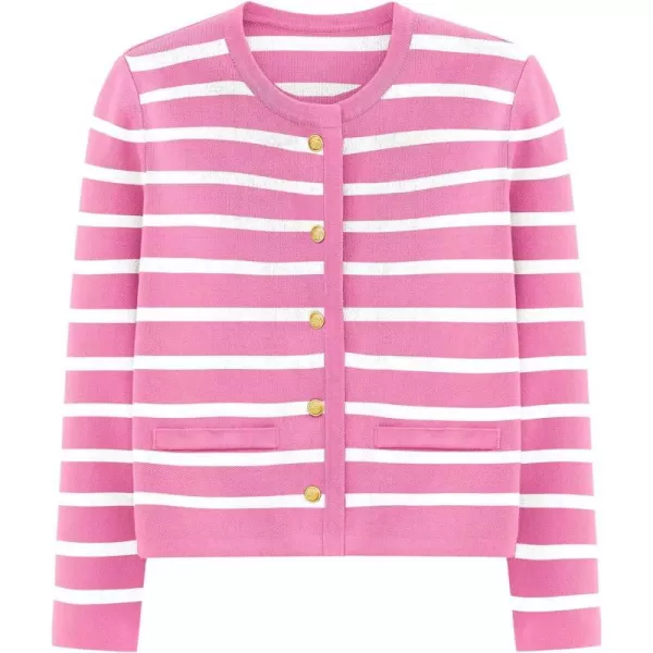 imagePRETTYGARDEN Womens 2024 Winter Cardigan Sweaters Button Down Open Front Long Sleeve Knit Cardigans Shirt Trendy OuterwearStriped Pink
