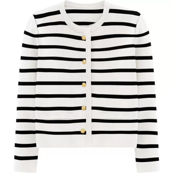 imagePRETTYGARDEN Womens 2024 Winter Cardigan Sweaters Button Down Open Front Long Sleeve Knit Cardigans Shirt Trendy OuterwearStriped White