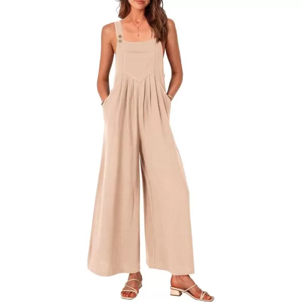 imagePRETTYGARDEN Womens Bib Overalls Casual Summer Sleeveless Strap Loose Wide Leg Jumpsuits with PocketsBeige Apricot