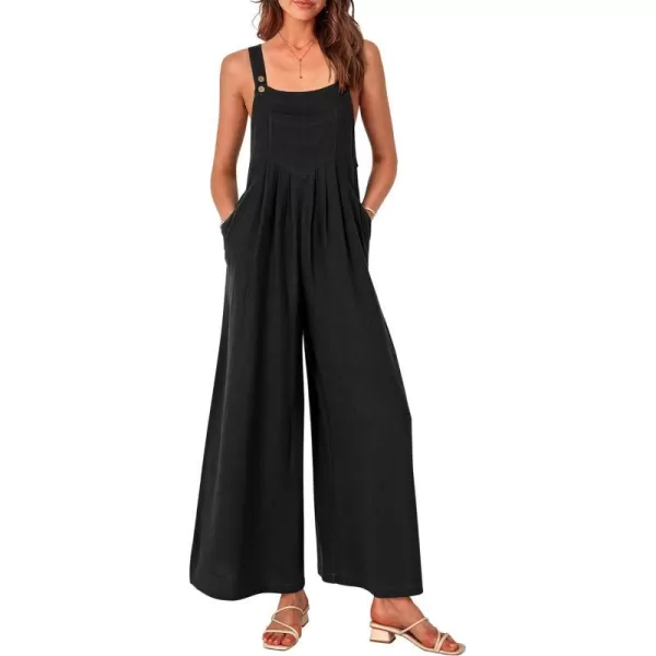 imagePRETTYGARDEN Womens Bib Overalls Casual Summer Sleeveless Strap Loose Wide Leg Jumpsuits with PocketsBlack