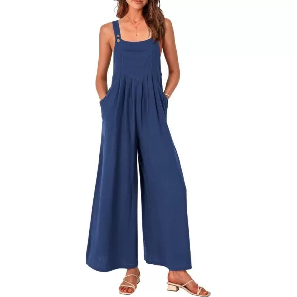 imagePRETTYGARDEN Womens Bib Overalls Casual Summer Sleeveless Strap Loose Wide Leg Jumpsuits with PocketsDenim Blue