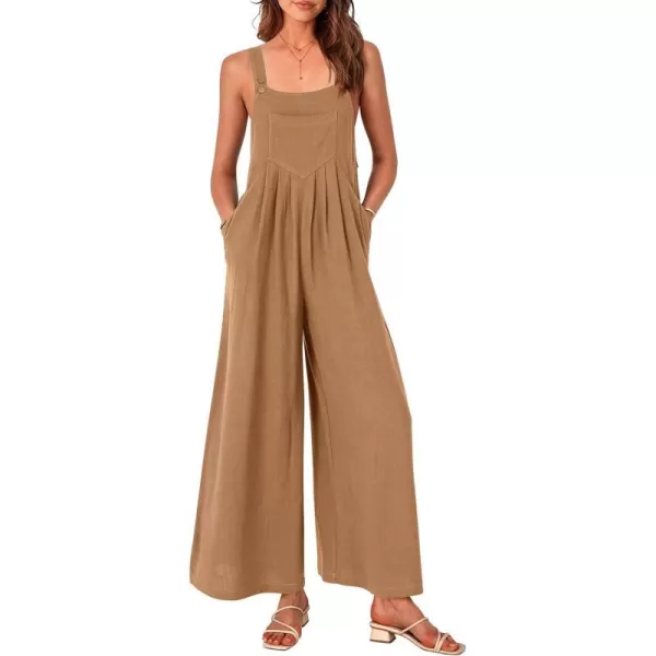 imagePRETTYGARDEN Womens Bib Overalls Casual Summer Sleeveless Strap Loose Wide Leg Jumpsuits with PocketsKhaki