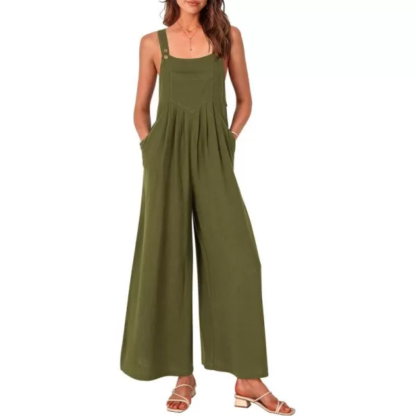 imagePRETTYGARDEN Womens Bib Overalls Casual Summer Sleeveless Strap Loose Wide Leg Jumpsuits with PocketsOlive Green