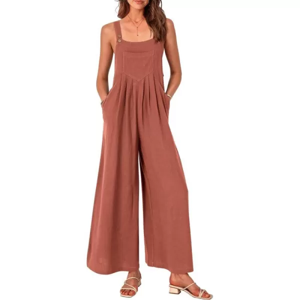 imagePRETTYGARDEN Womens Bib Overalls Casual Summer Sleeveless Strap Loose Wide Leg Jumpsuits with PocketsRust Red