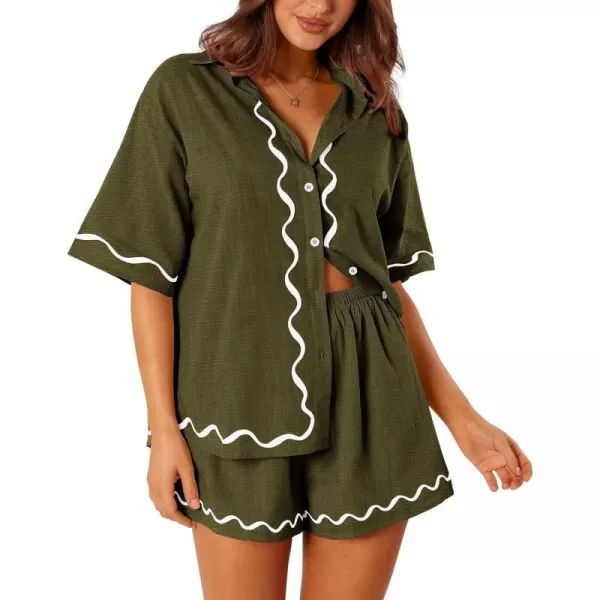 imagePRETTYGARDEN Womens Casual 2 Piece Outfits Summer Button Down Shirts Tops and Lounge Shorts Pajama SetsArmy Green