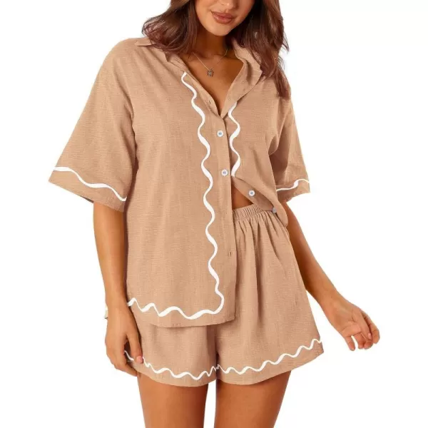 imagePRETTYGARDEN Womens Casual 2 Piece Outfits Summer Button Down Shirts Tops and Lounge Shorts Pajama SetsKhaki
