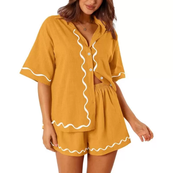 imagePRETTYGARDEN Womens Casual 2 Piece Outfits Summer Button Down Shirts Tops and Lounge Shorts Pajama SetsTurmeric