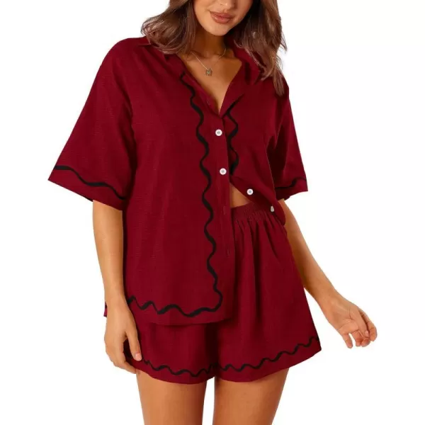 imagePRETTYGARDEN Womens Casual 2 Piece Outfits Summer Button Down Shirts Tops and Lounge Shorts Pajama SetsWine Red
