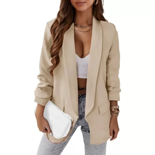 imagePRETTYGARDEN Womens Casual Blazer 2023 Fall Fashion Long Sleeve Open Front Work Office Suit JacketsBeige White