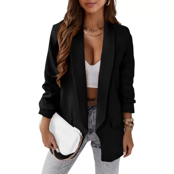 imagePRETTYGARDEN Womens Casual Blazer 2023 Fall Fashion Long Sleeve Open Front Work Office Suit JacketsBlack